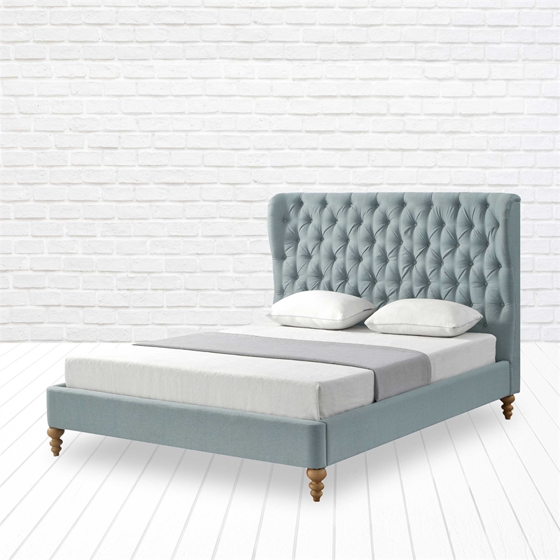 Aubriana Bed Sea Blue Linen Queen Button Tufted Headboard Wingback