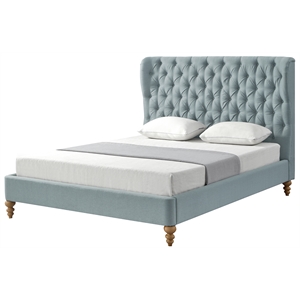 Aubriana Bed Sea Blue Linen Twin Button Tufted Headboard Wingback