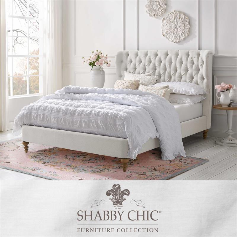 Aubriana Bed Cream White Linen King Button Tufted Headboard Wingback