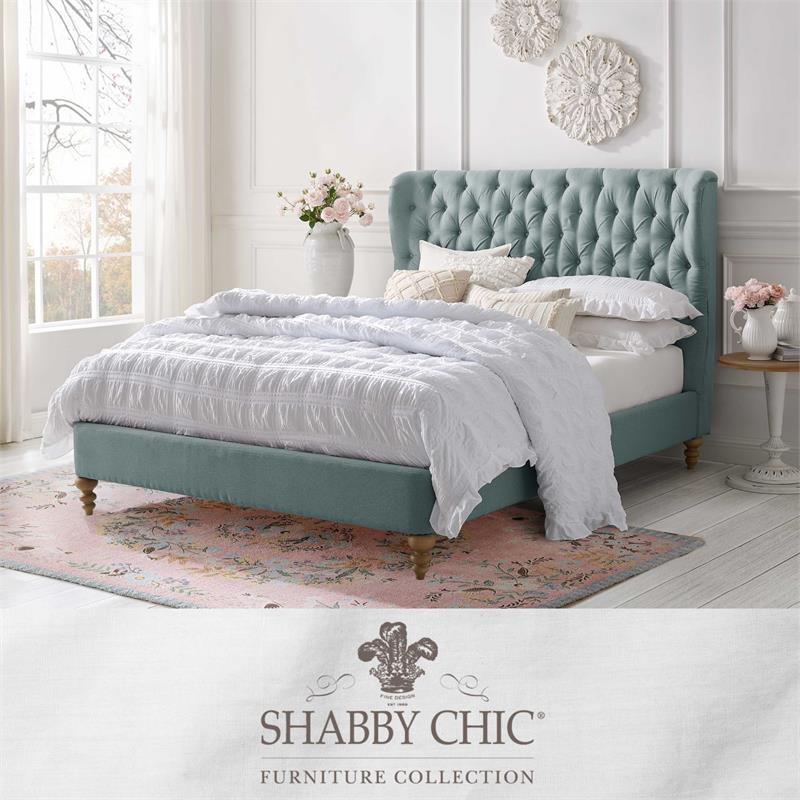 Aubriana Bed Sea Blue Linen King Button Tufted Headboard Wingback