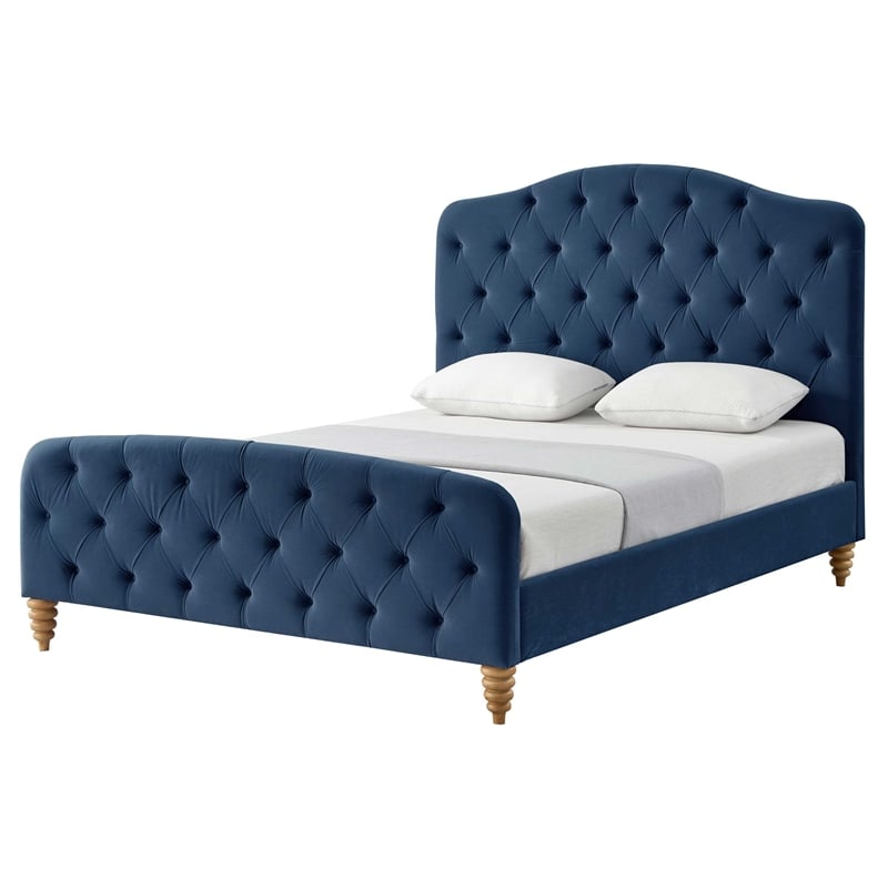 Calliope Bed Navy Velvet Twin Diamond Tufted Headboard and Footboard Upholstered