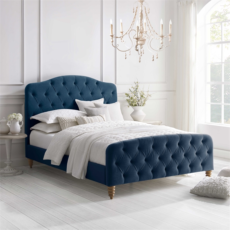 Calliope Bed Navy Velvet Queen Diamond Tufted Headboard and Footboard