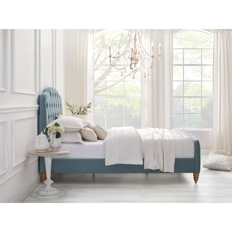 Calliope Bed Light Blue Velvet Twin Diamond Tufted Headboard and Footboard