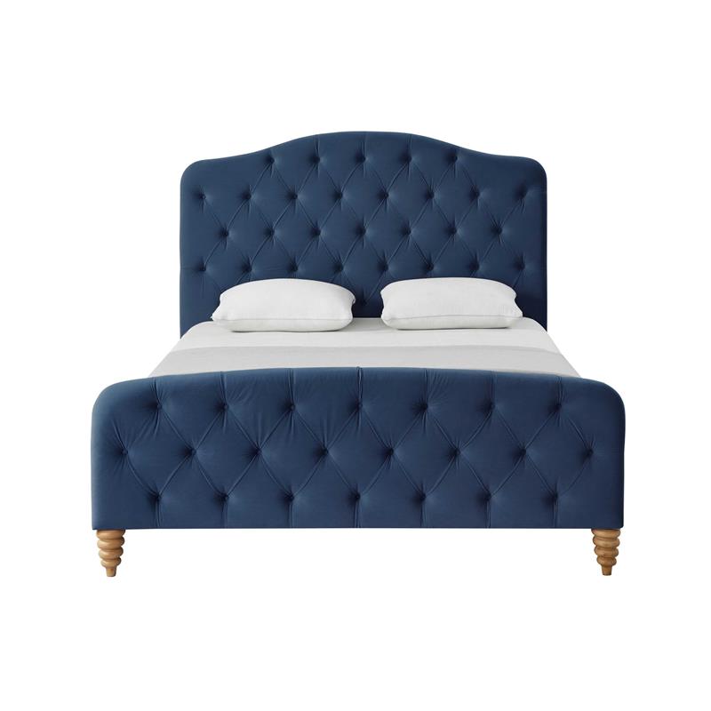 Calliope Bed Navy Velvet King Diamond Tufted Headboard and Footboard Upholstered
