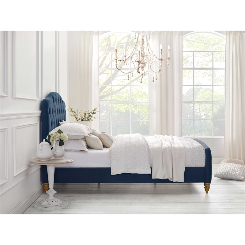 Calliope Bed Navy Velvet King Diamond Tufted Headboard and Footboard Upholstered