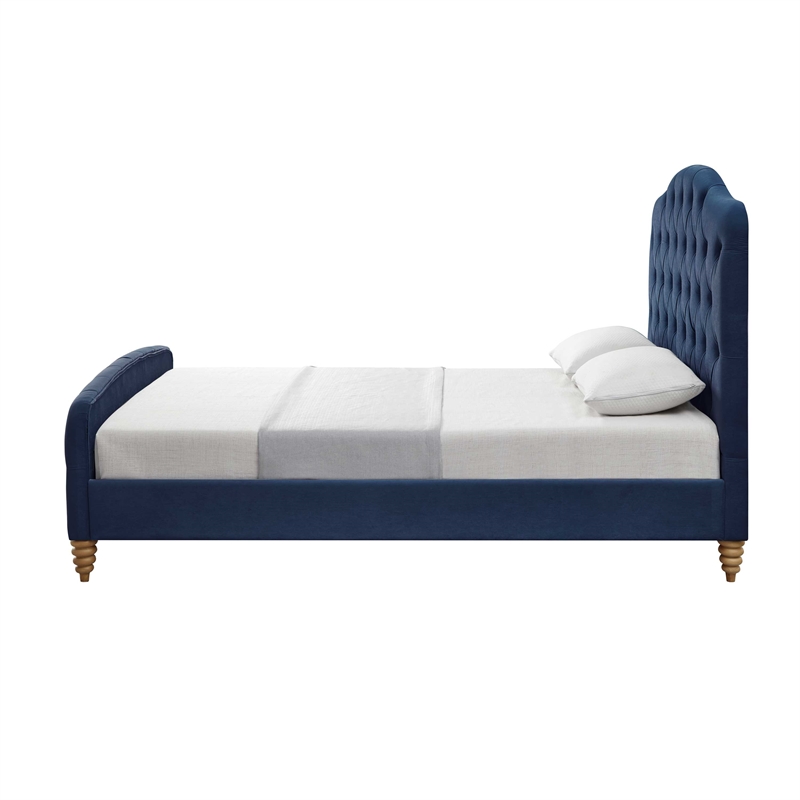 Calliope Bed Navy Velvet King Diamond Tufted Headboard and Footboard Upholstered