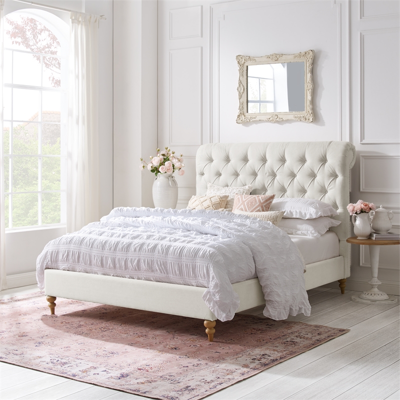Addalynn Bed Cream White Linen Queen Rolled Top Button Tufted Nailhead Trim