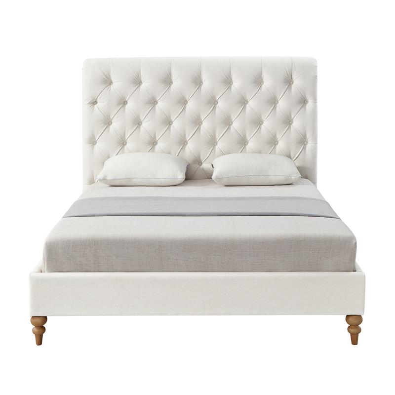 Addalynn Bed Cream White Linen Queen Rolled Top Button Tufted Nailhead Trim