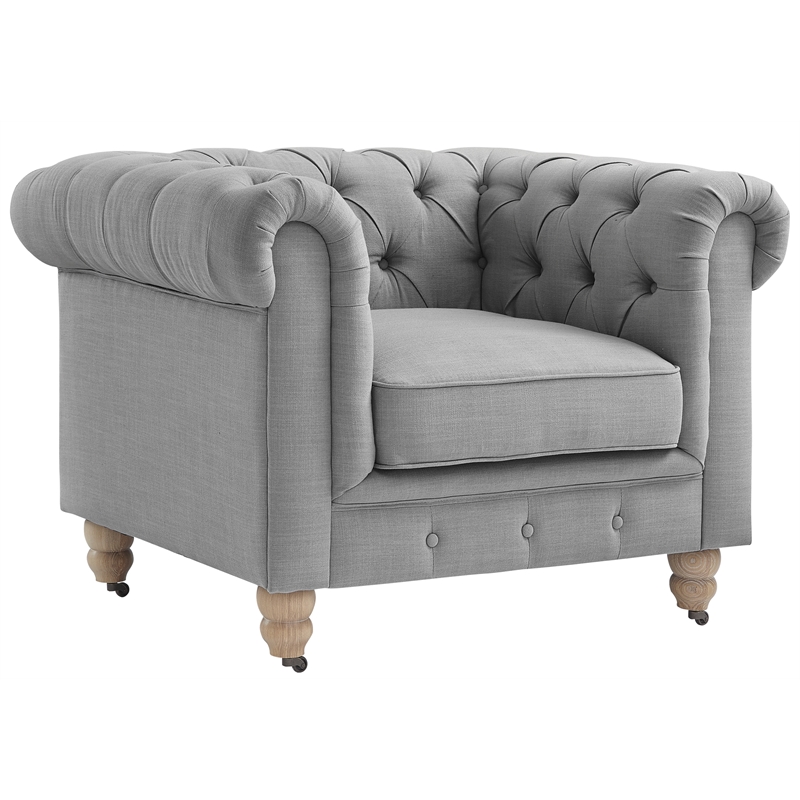 Londynn Club Chair Fabric Light Grey Linen Button Tufted Rolled Sinuous Springs