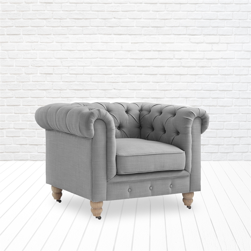 Londynn Club Chair Fabric Light Grey Linen Button Tufted Rolled Sinuous Springs