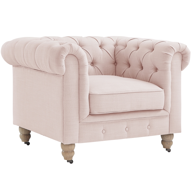 Londynn Club Chair Pink Linen Button Tufted Rolled Arm Sinuous Springs