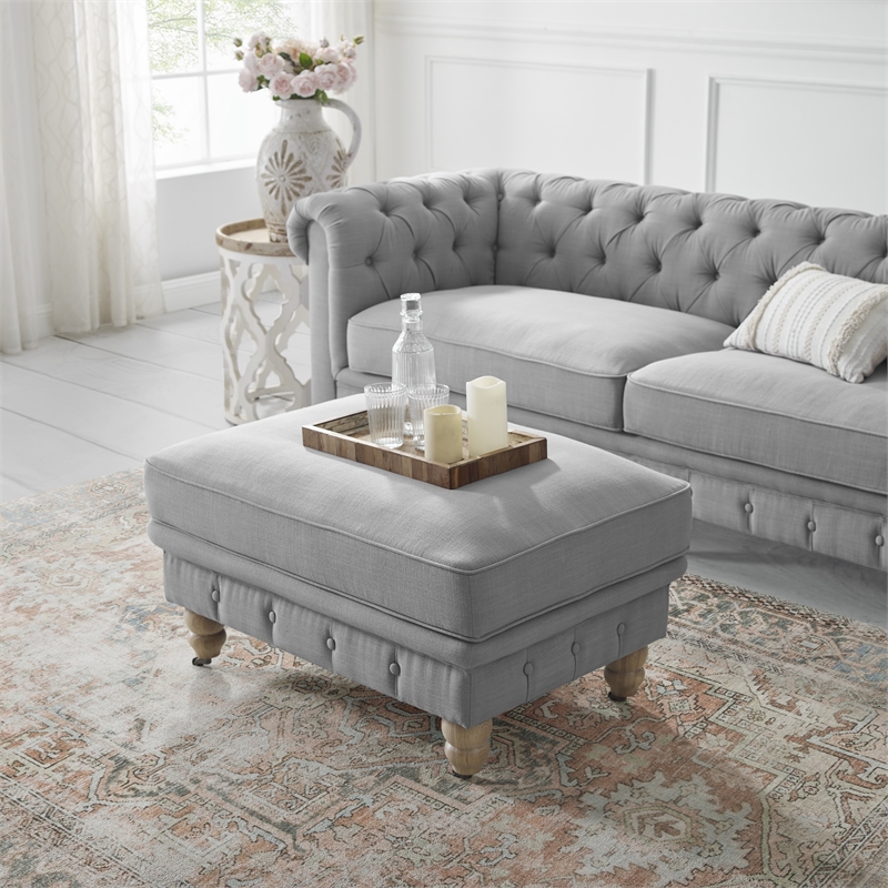 Londynn Cocktail Ottoman Light Grey Linen Button Tufted Sinuous Springs