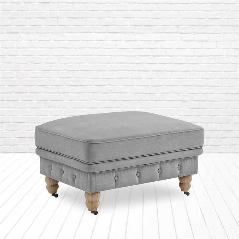 Londynn Cocktail Ottoman Light Grey Linen Button Tufted Sinuous Springs