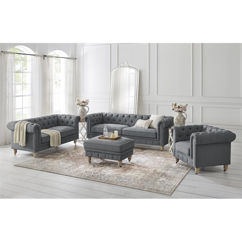 Londynn Cocktail Ottoman Dark Gray Fabric Linen Button Tufted Sinuous Springs