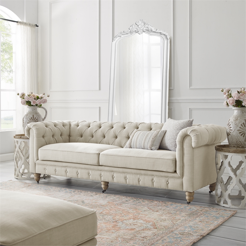 Londynn Sofa Beige Linen Button Tufted Rolled Arm Sinuous Springs