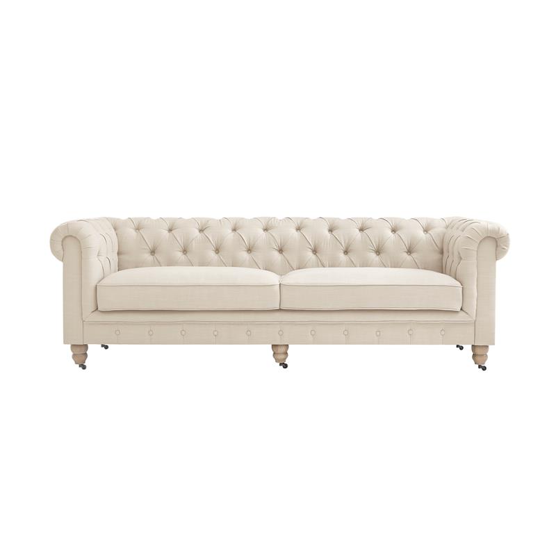Londynn Sofa Beige Linen Button Tufted Rolled Arm Sinuous Springs