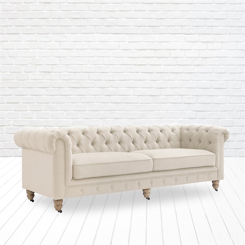 Londynn Sofa Beige Linen Button Tufted Rolled Arm Sinuous Springs