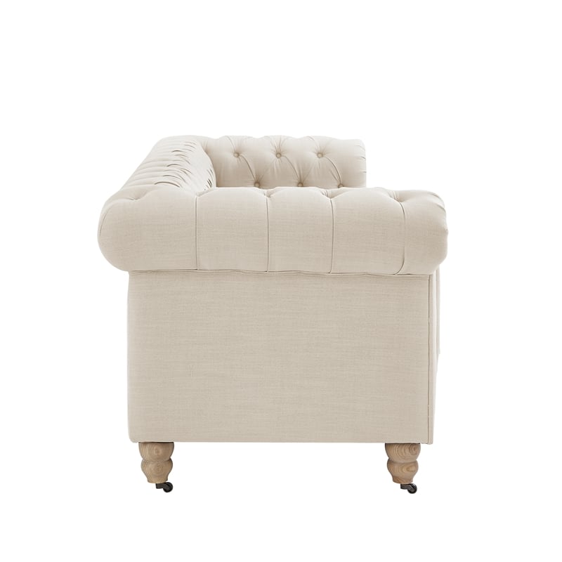Londynn Sofa Beige Linen Button Tufted Rolled Arm Sinuous Springs