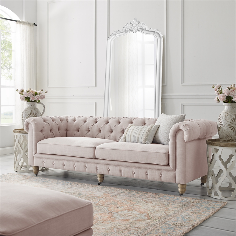 Londynn Sofa Pink Linen Button Tufted Rolled Arm Sinuous Springs