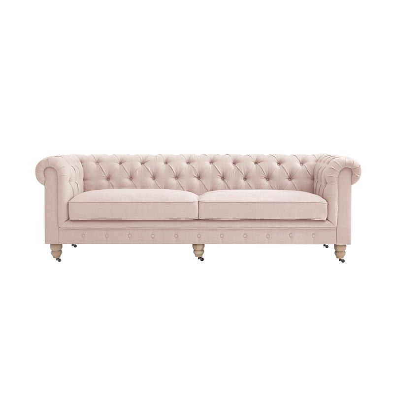 Londynn Sofa Pink Linen Button Tufted Rolled Arm Sinuous Springs