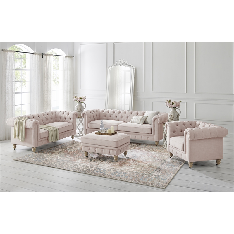 Londynn Sofa Pink Linen Button Tufted Rolled Arm Sinuous Springs