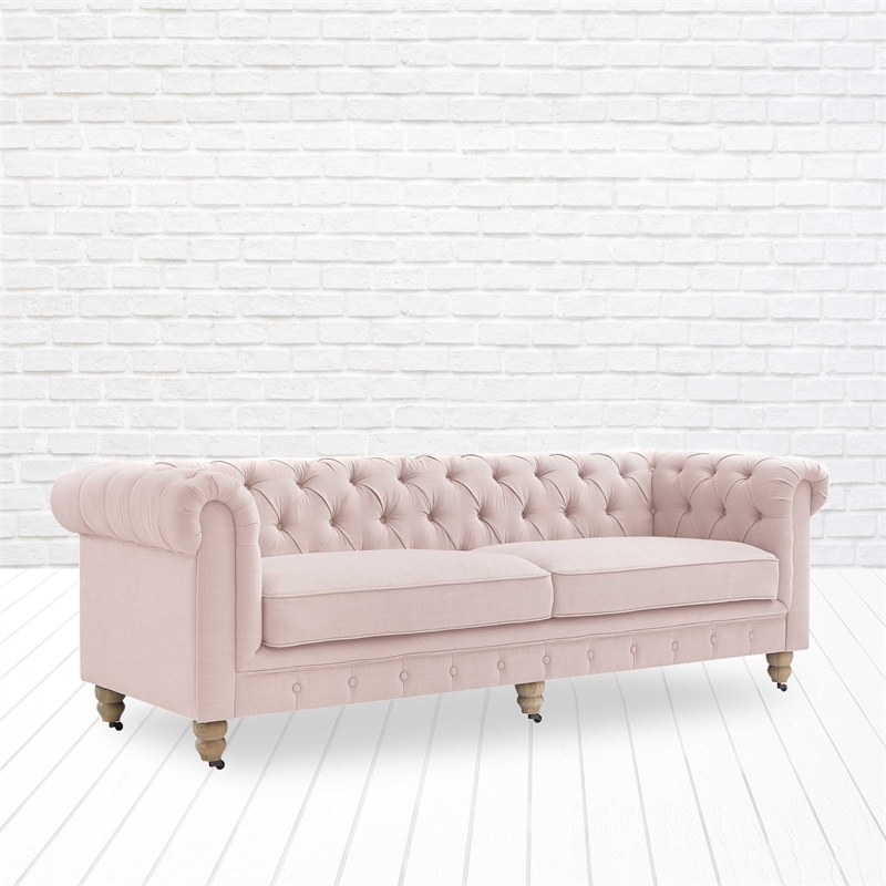 Londynn Sofa Pink Linen Button Tufted Rolled Arm Sinuous Springs