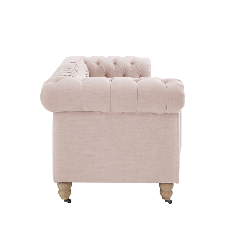 Londynn Sofa Pink Linen Button Tufted Rolled Arm Sinuous Springs