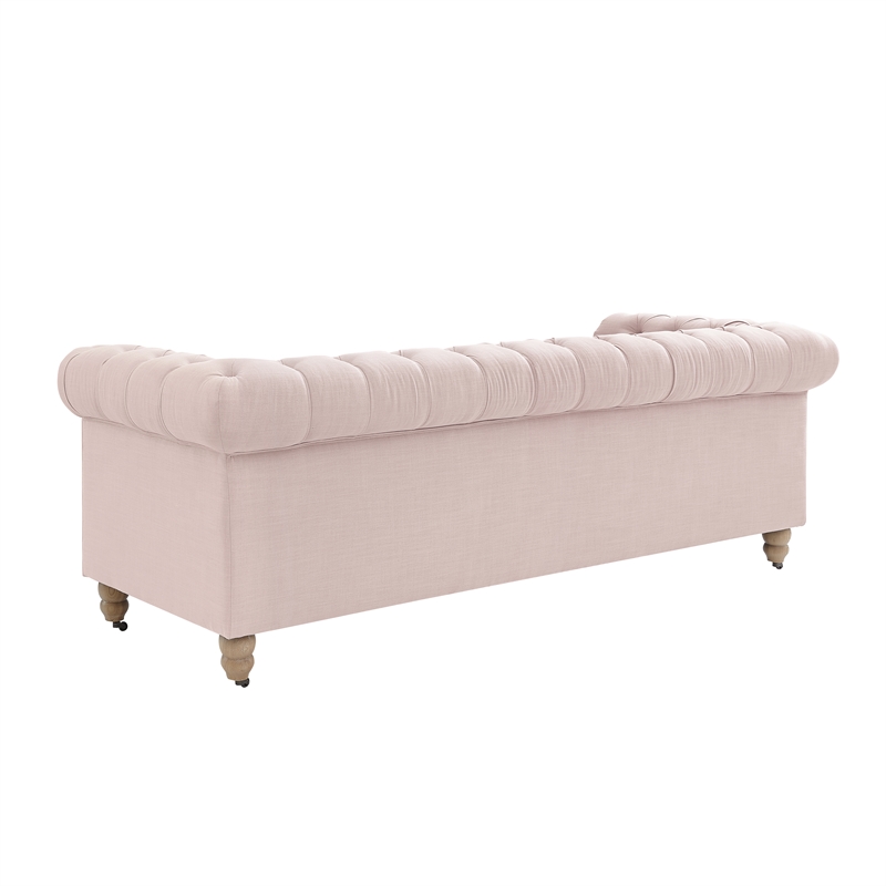 Londynn Sofa Pink Linen Button Tufted Rolled Arm Sinuous Springs
