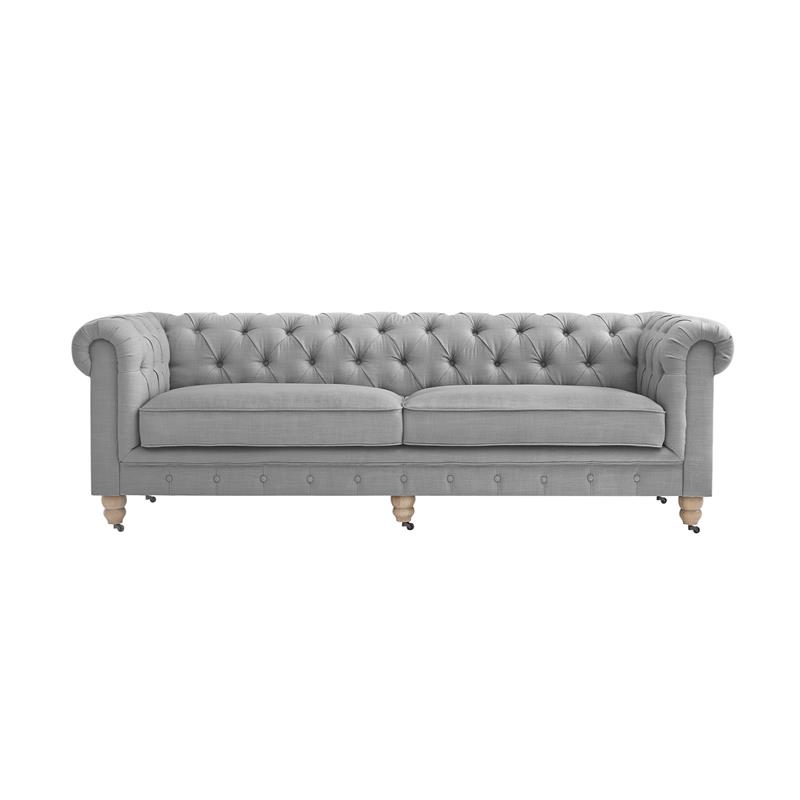 Londynn Sofa Light Grey Linen Button Tufted Rolled Arm Sinuous Springs
