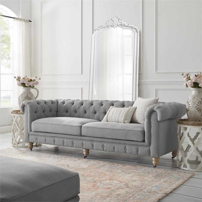Londynn Sofa Light Grey Linen Button Tufted Rolled Arm Sinuous Springs