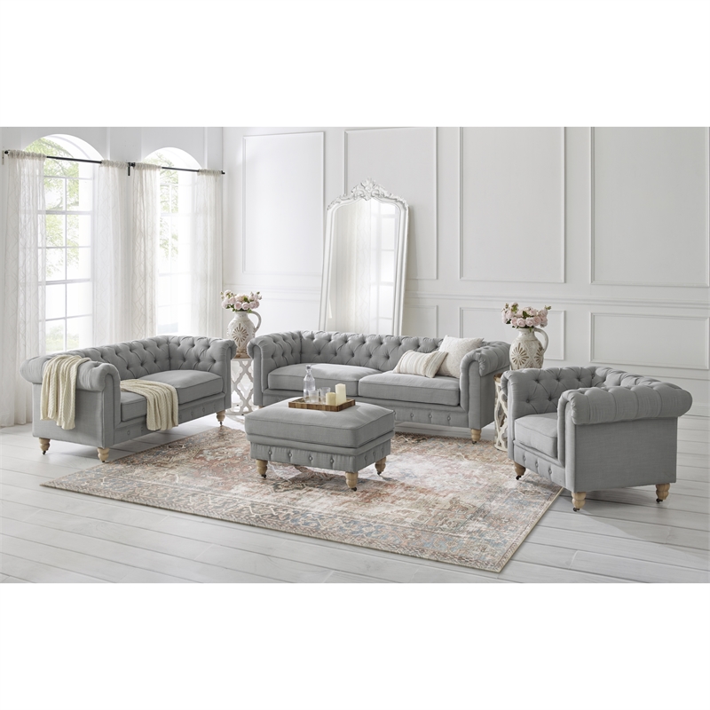 Londynn Sofa Light Grey Linen Button Tufted Rolled Arm Sinuous Springs