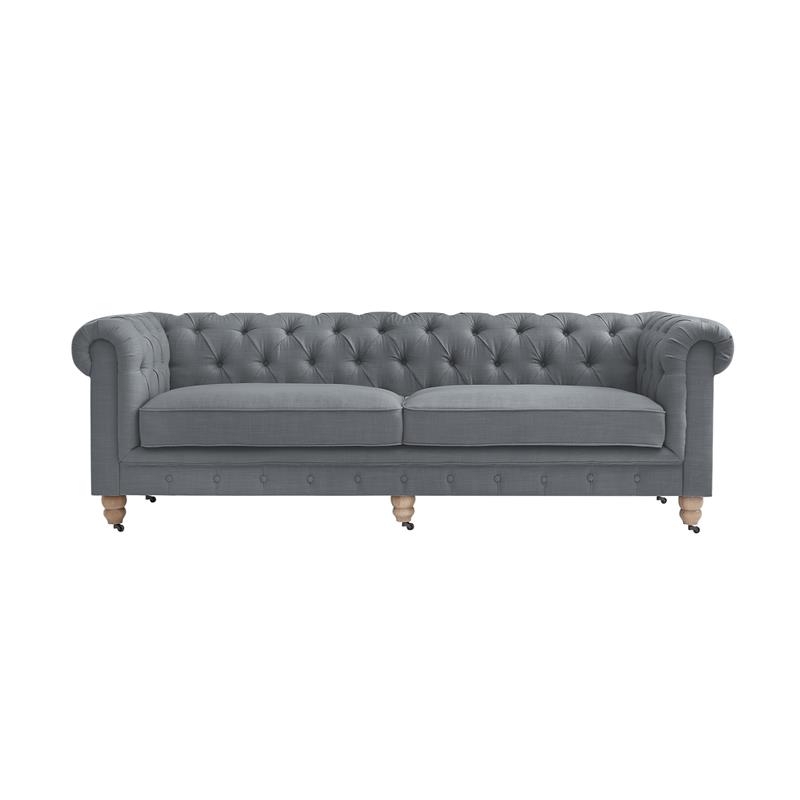 Londynn Sofa Dark Grey Linen Button Tufted Rolled Arm Sinuous Springs