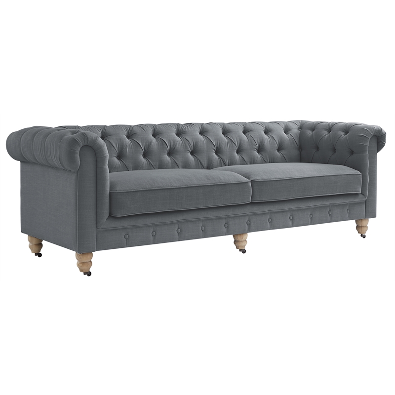Londynn Sofa Dark Grey Linen Button Tufted Rolled Arm Sinuous Springs