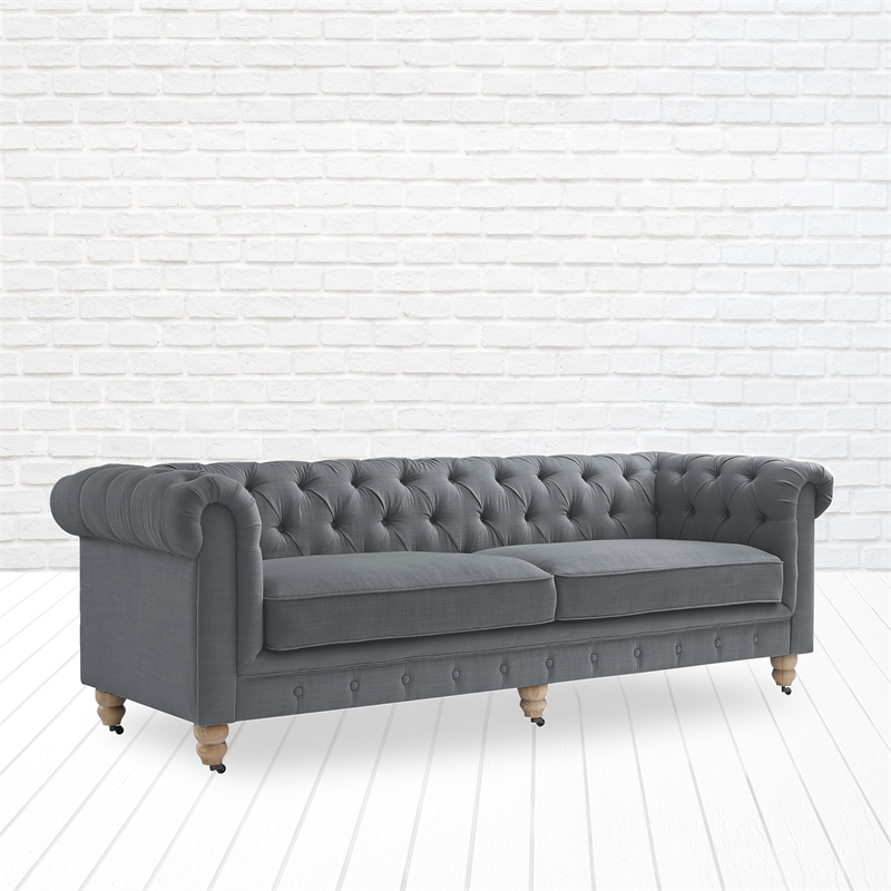 Londynn Sofa Dark Grey Linen Button Tufted Rolled Arm Sinuous Springs