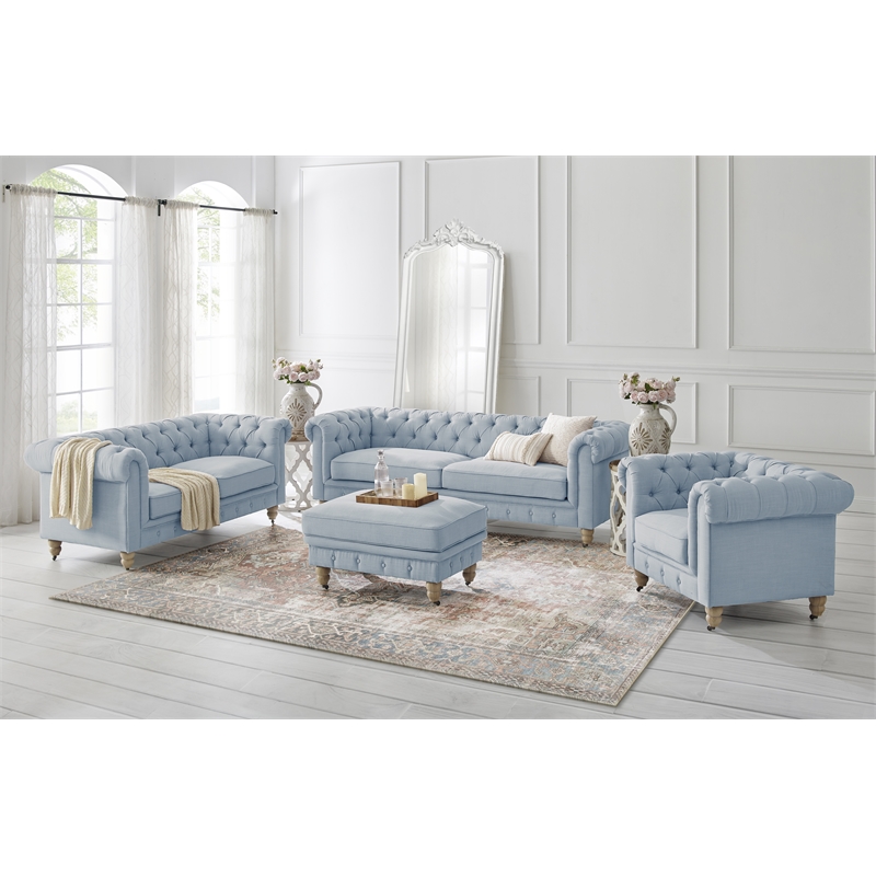 Londynn Sofa Light Blue Linen Button Tufted Rolled Arm Sinuous Springs