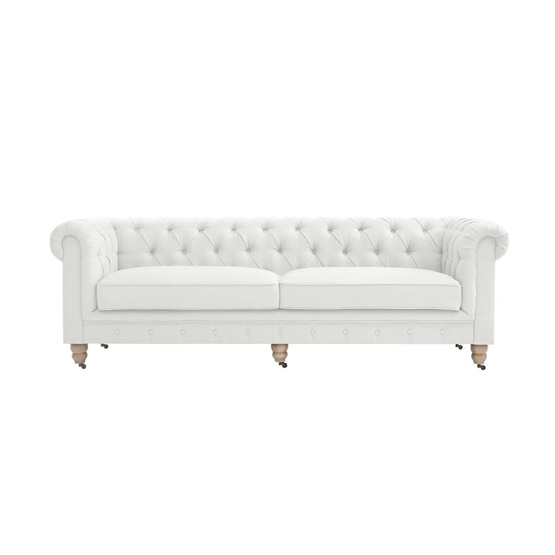 Londynn Sofa Cream White Fabric Linen Button Tufted Rolled Arm Sinuous Springs