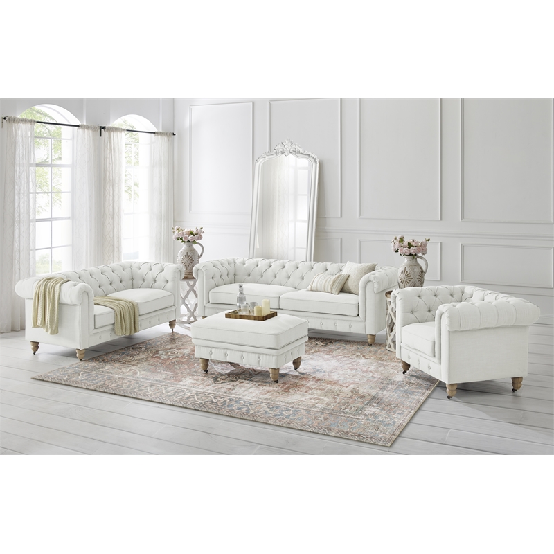 Londynn Sofa Cream White Fabric Linen Button Tufted Rolled Arm Sinuous Springs
