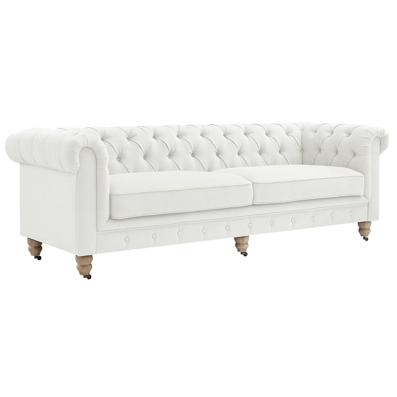 Londynn Sofa Cream White Fabric Linen Button Tufted Rolled Arm Sinuous Springs