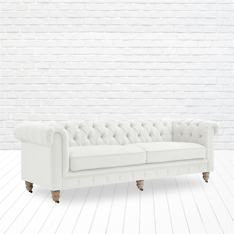 Londynn Sofa Cream White Fabric Linen Button Tufted Rolled Arm Sinuous Springs