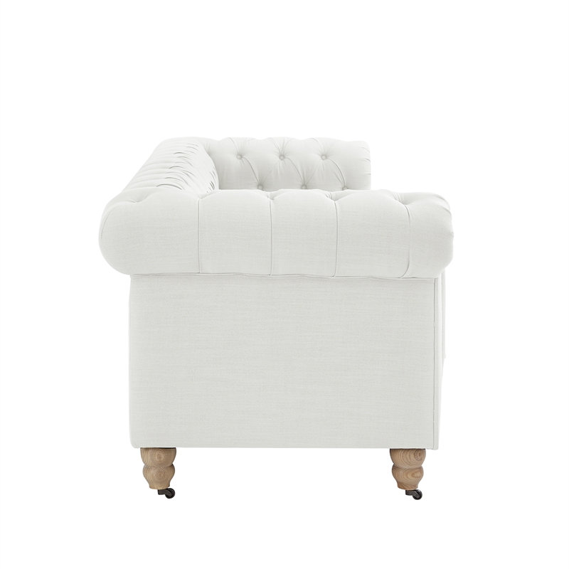 Londynn Sofa Cream White Fabric Linen Button Tufted Rolled Arm Sinuous Springs