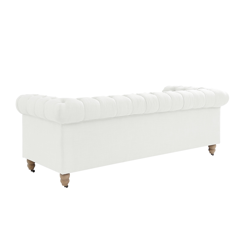 Londynn Sofa Cream White Fabric Linen Button Tufted Rolled Arm Sinuous Springs