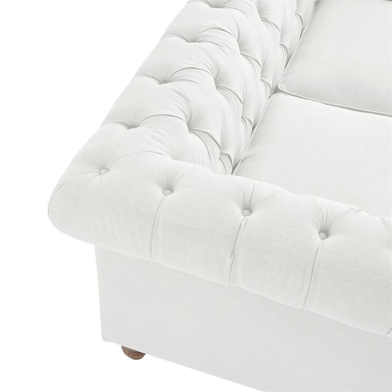 Londynn Sofa Cream White Fabric Linen Button Tufted Rolled Arm Sinuous Springs