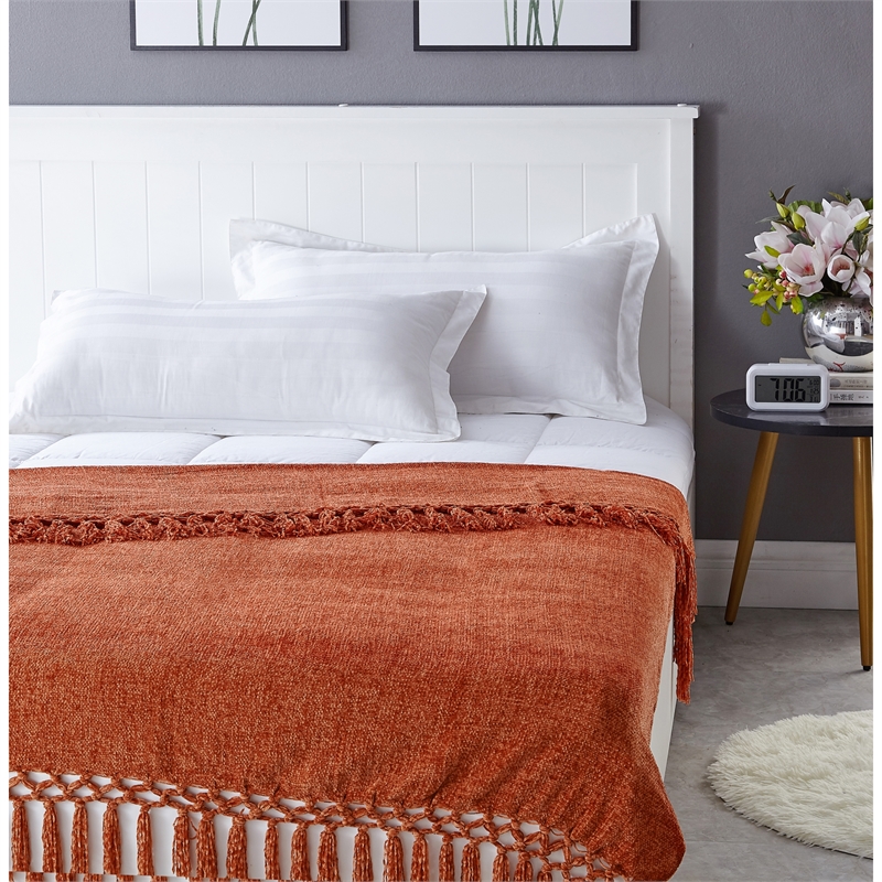 Derick Rust Polyester 50x60 Inches Chenille Tassel Knit Throw Blanket