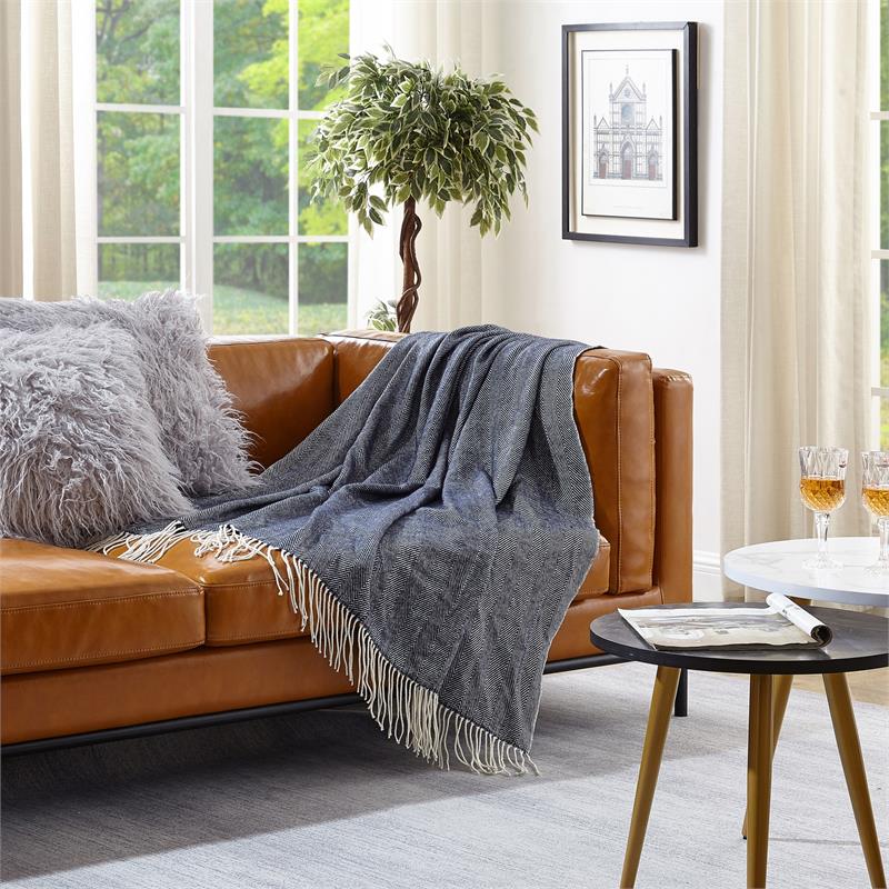 Nalani Navy Acrylic 50x60 Inches Faux Cashmere Fringe Throw Blanket
