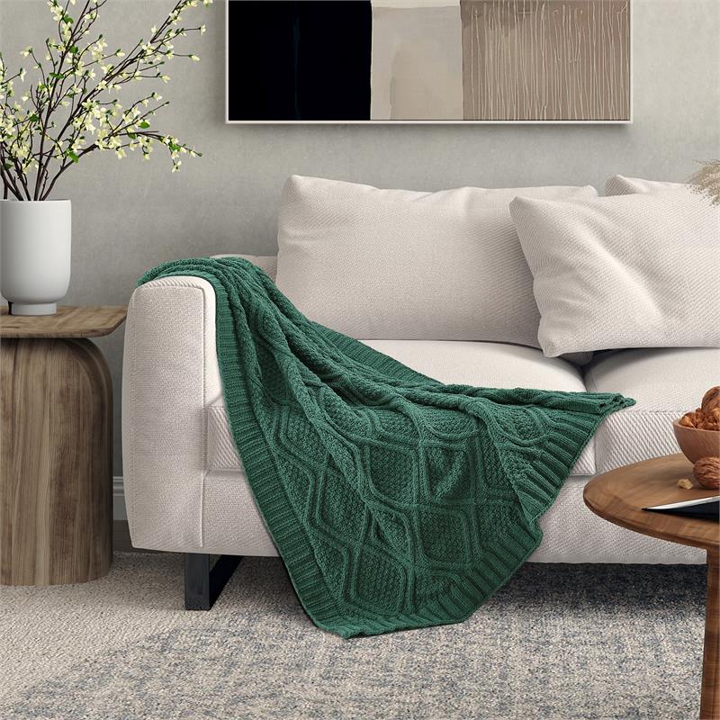 Jamar Hunter Green Polyester 50x60 Inches Chenille Diamond Cable Cozy Knit Throw