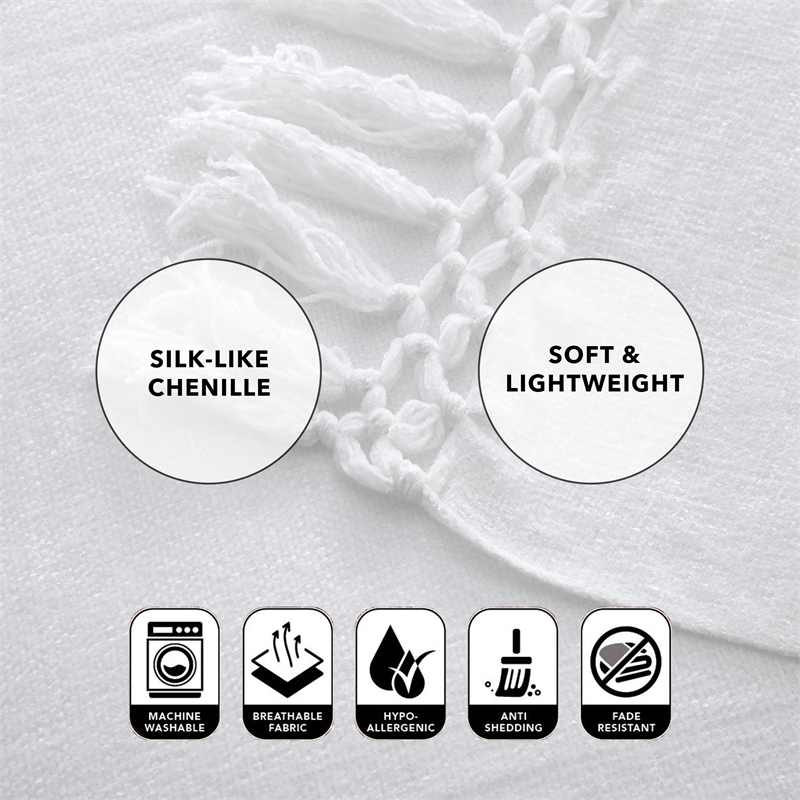 Derick White Polyester 50x60 Inches Chenille Tassel Knit Throw Blanket