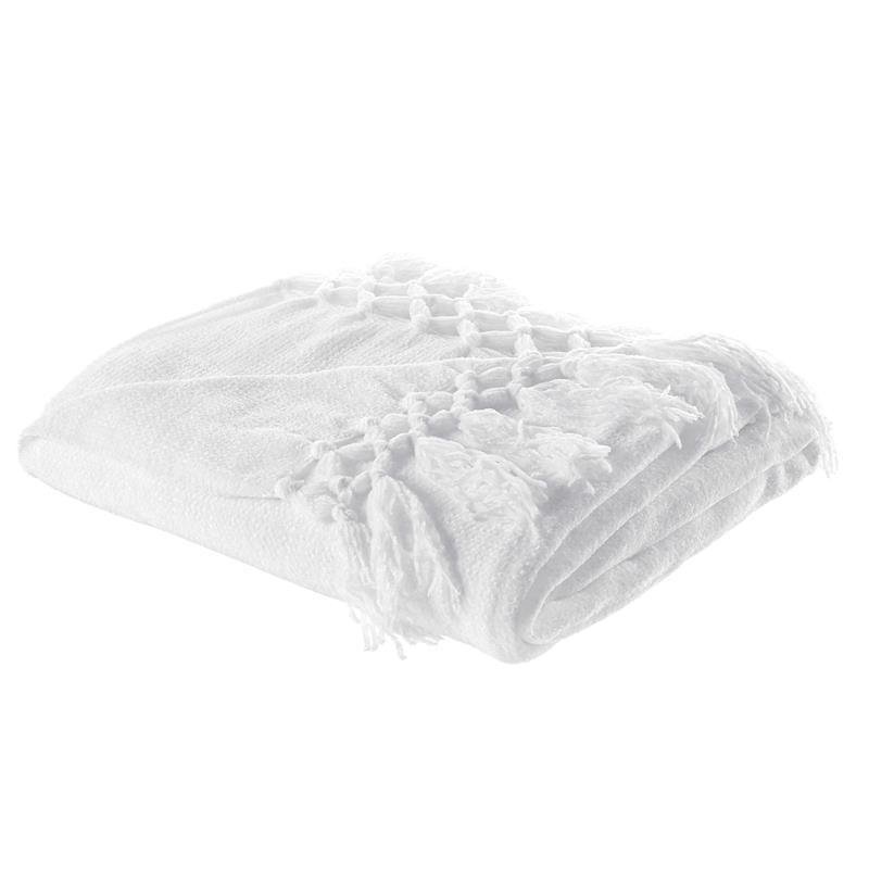 Derick White Polyester 50x60 Inches Chenille Tassel Knit Throw Blanket