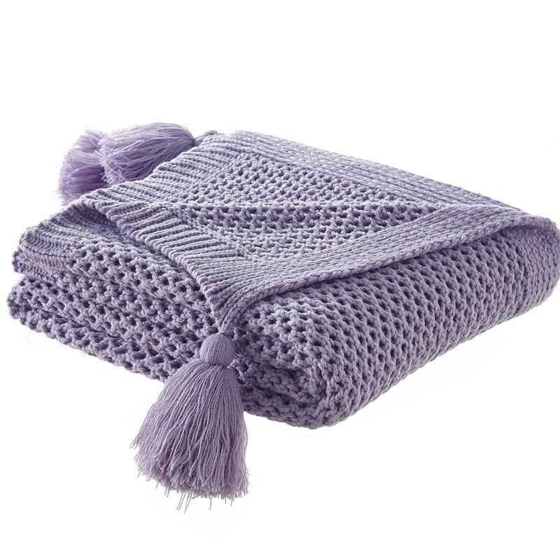 Margo Purple Acrylic 50x60 Inches Wool-like 4 Corner Tassel Knit Throw Blanket