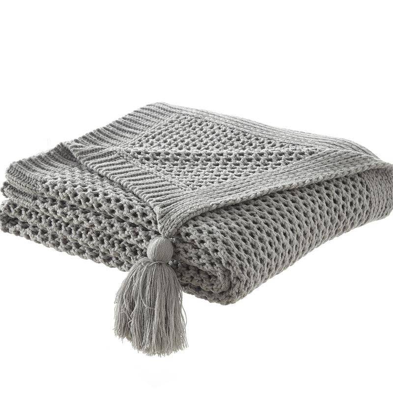 Margo Grey Acrylic 50x60 Inches Wool-like 4 Corner Tassel Knit Throw Blanket