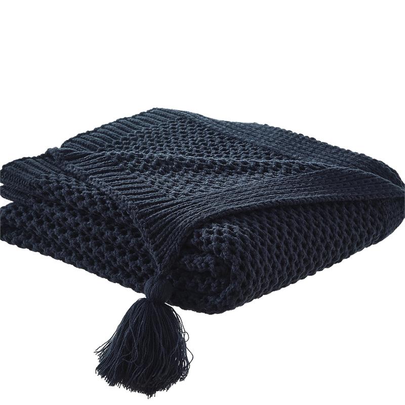 Margo Navy Acrylic 50x60 Inches Wool-like 4 Corner Tassel Knit Throw Blanket